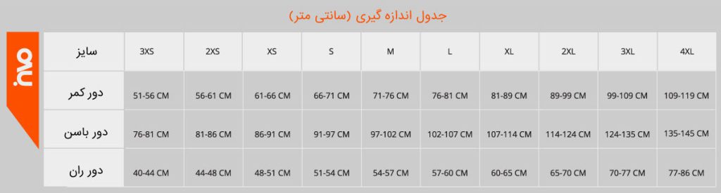 جدول سایزبندی
